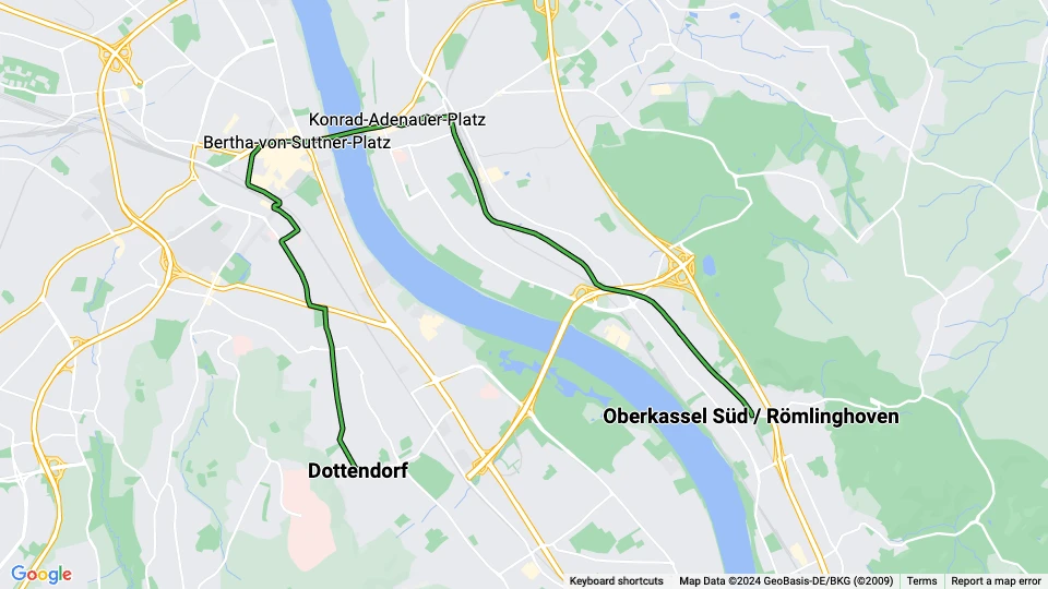 Bonn tram line 62: Dottendorf - Oberkassel Süd / Römlinghoven route map