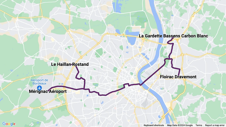 Bordeaux tram line A: Le Haillan Rostand - Floirac Dravemont route map