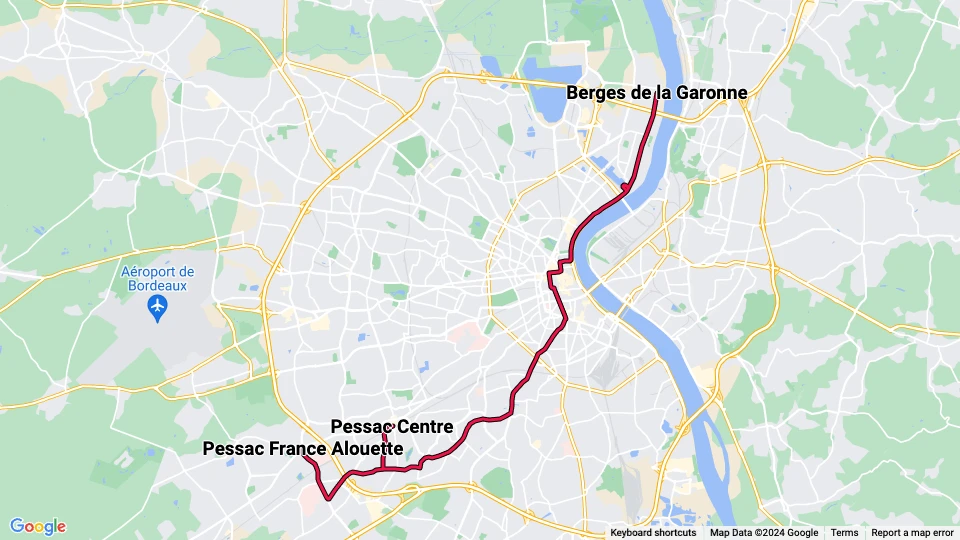 Bordeaux tram line B: Pessac France Alouette - Berges de la Garonne route map