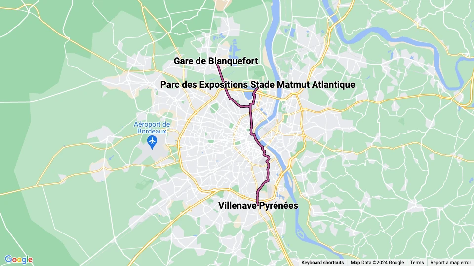 Bordeaux tram line C: Villenave Pyrénées - Gare de Blanquefort route map