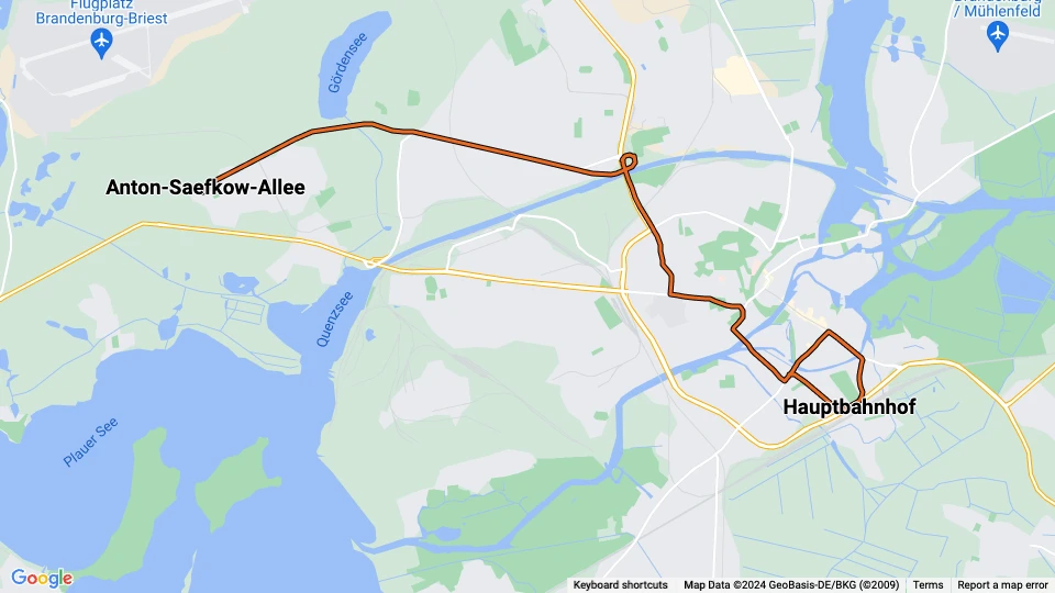 Brandenburg an der Havel tram line 1: Hauptbahnhof - Anton-Saefkow-Allee route map