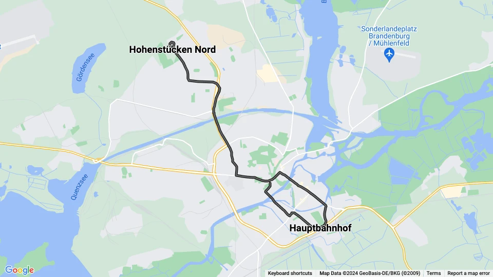 Brandenburg an der Havel tram line 9: Hauptbahnhof - Hohenstücken Nord route map