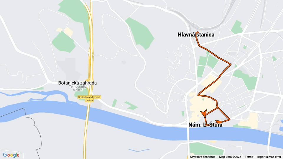 Bratislava tram line 1: Hlavná stanica - Nám. Ľ. Štúra route map