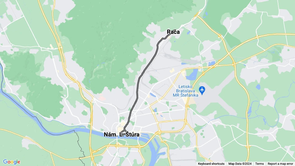 Bratislava tram line 10: Nám. Ľ. Štúra - Rača route map