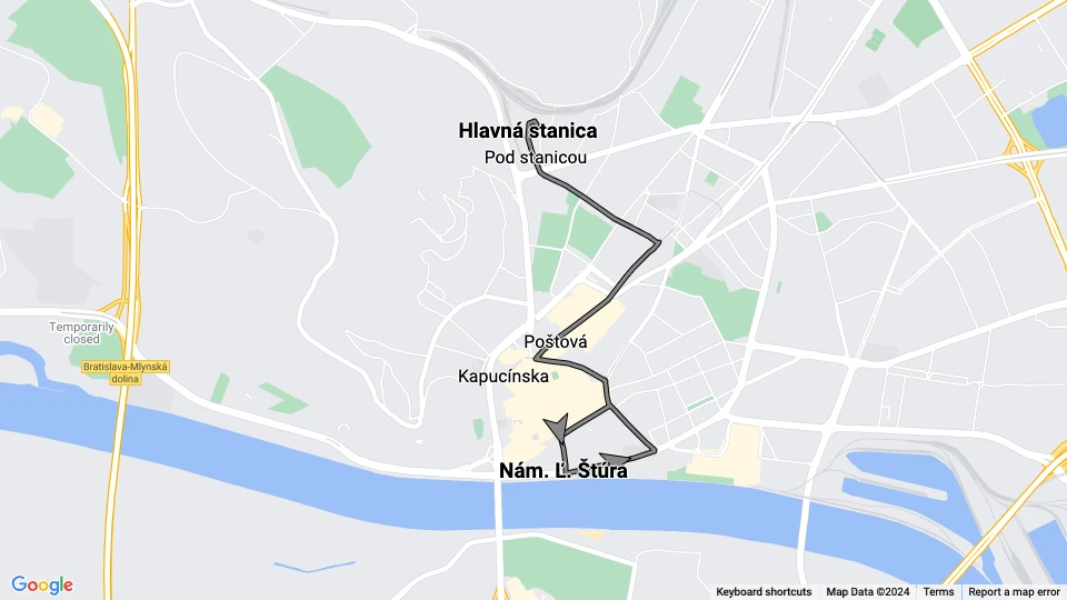Bratislava tram line 13: Hlavná stanica - Nám. Ľ. Štúra route map