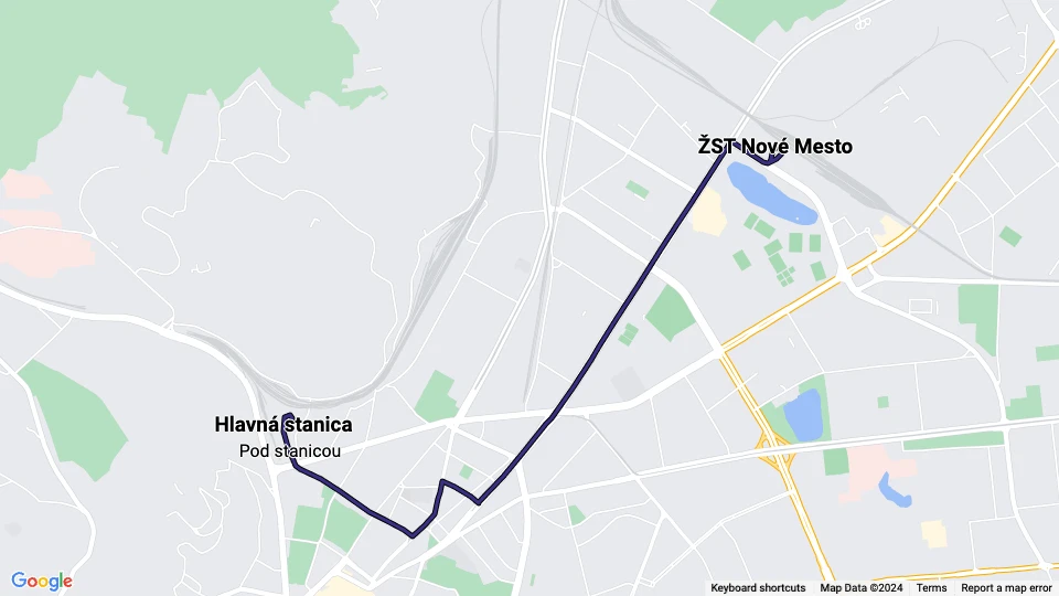 Bratislava tram line 2: Hlavná stanica - ŽST Nové Mesto route map