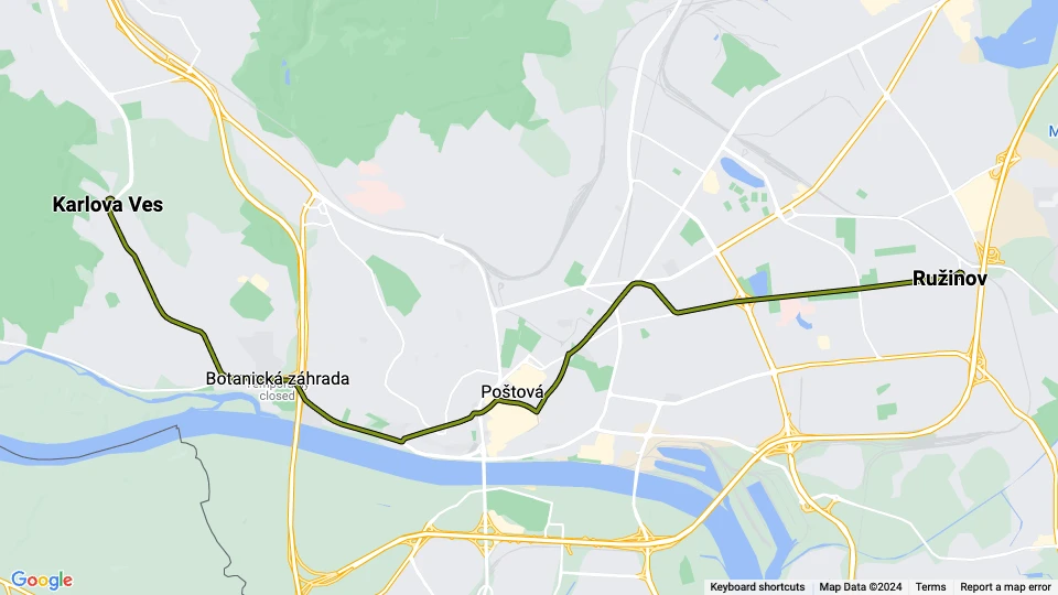 Bratislava tram line 9: Ružinov - Karlova Ves route map