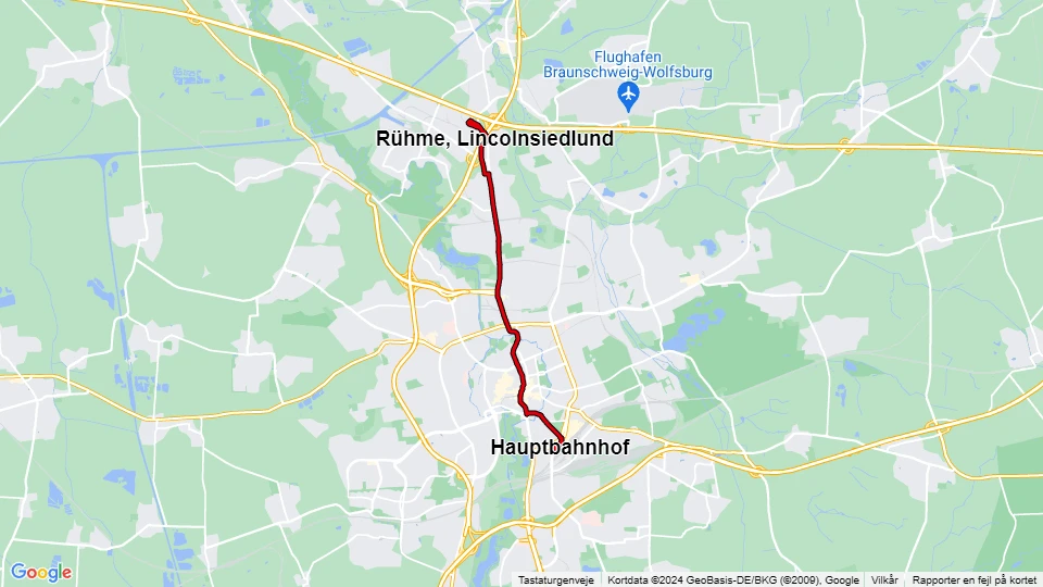 Braunschweig extra line 10: Hauptbahnhof - Rühme, Lincolnsiedlund route map