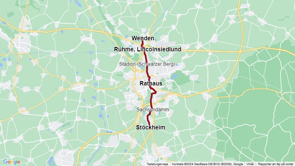 Braunschweig tram line 1: Stöckheim - Wenden route map