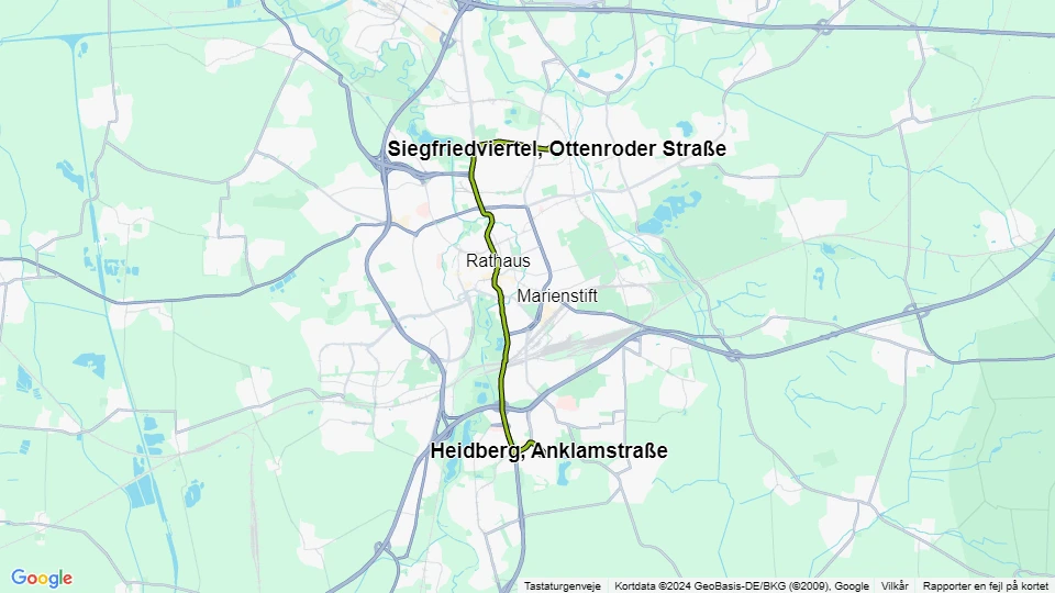 Braunschweig tram line 2: Heidberg, Anklamstraße - Siegfriedviertel, Ottenroder Straße route map