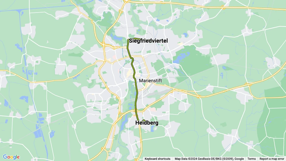 Braunschweig tram line 2: Heidberg - Siegfriedviertel route map