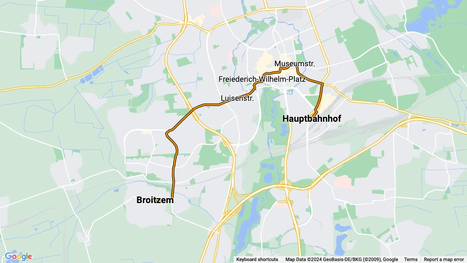 Braunschweig tram line 5: Broitzem - Hauptbahnhof route map