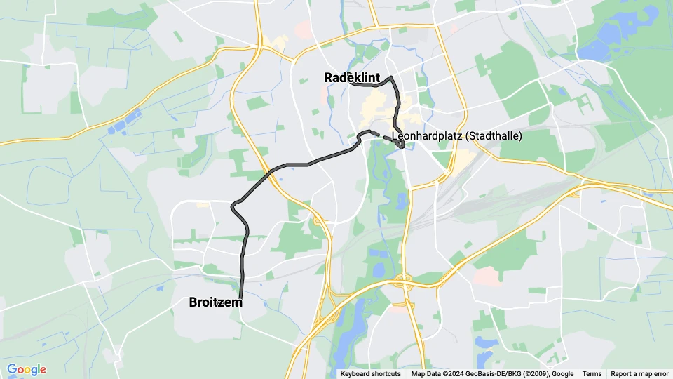 Braunschweig tram line 9: Radeklint - Broitzem route map