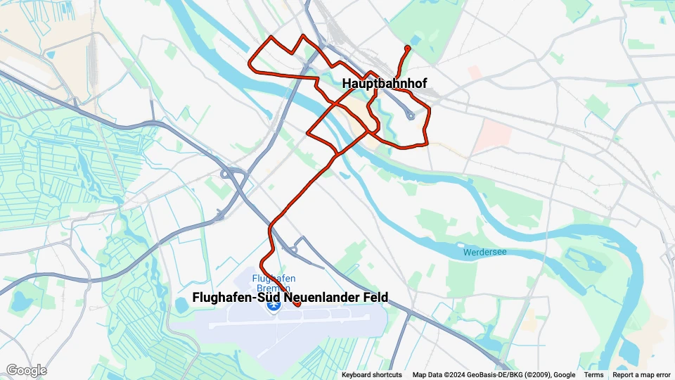 Bremen 15 Stadtrundfahrt: Hauptbahnhof - Flughafen-Süd Neuenlander Feld route map