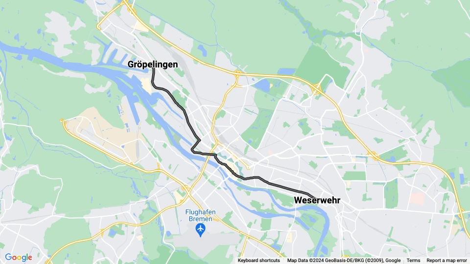 Bremen extra line 3E: Gröpelingen - Weserwehr route map