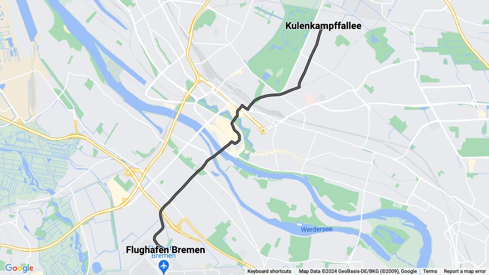 Bremen extra line 5E: Kulenkampffallee - Flughafen Bremen route map
