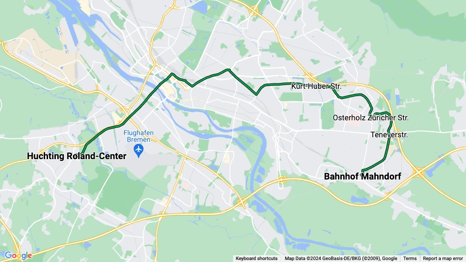 Bremen tram line 1: Huchting Roland-Center - Bahnhof Mahndorf route map