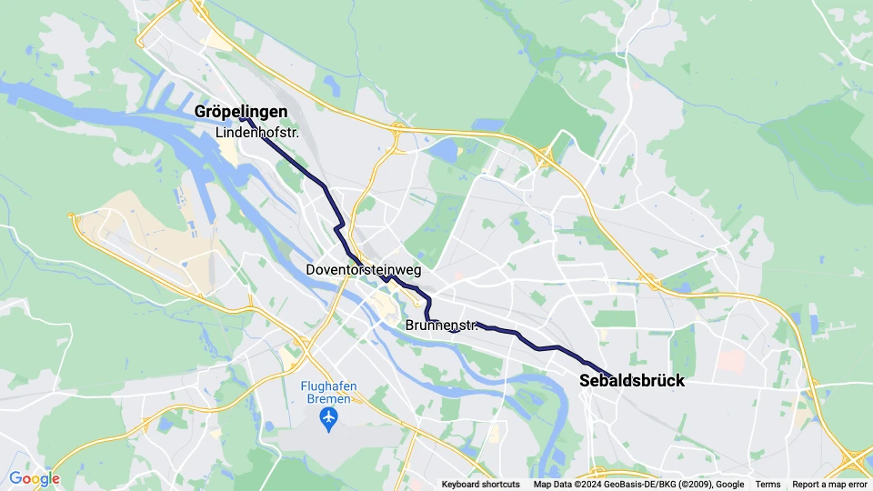 Bremen tram line 10: Sebaldsbrück - Gröpelingen route map