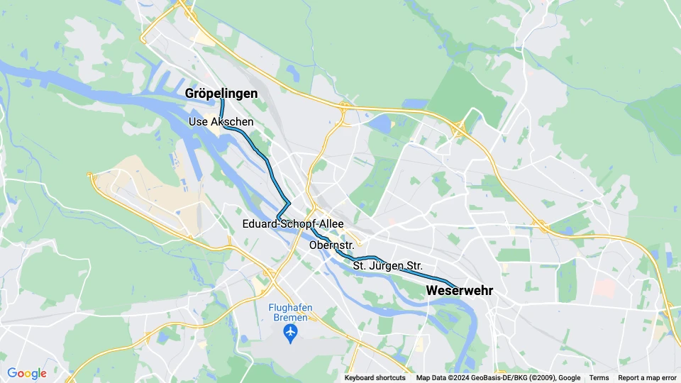 Bremen tram line 3: Gröpelingen - Weserwehr route map