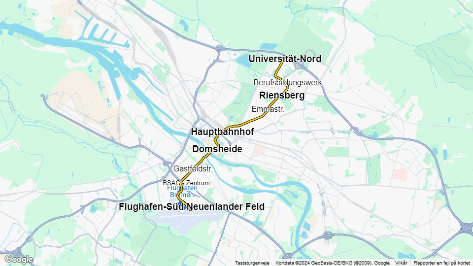 Bremen tram line 6: Flughafen-Süd Neuenlander Feld - Universität-Nord route map