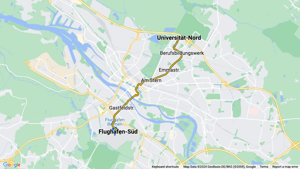 Bremen tram line 6: Flughafen-Süd - Universität-Nord route map