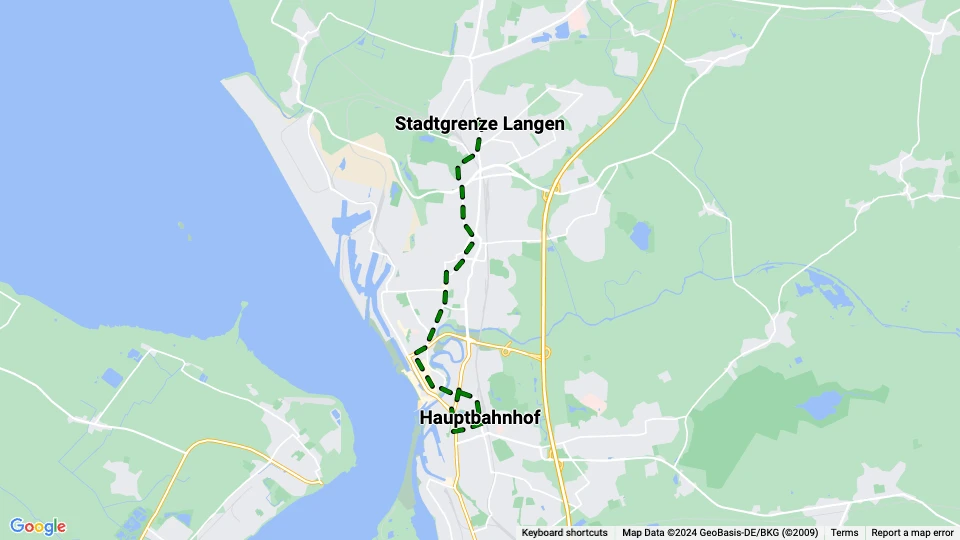 Bremerhaven tram line 2: Stadtgrenze Langen - Hauptbahnhof route map