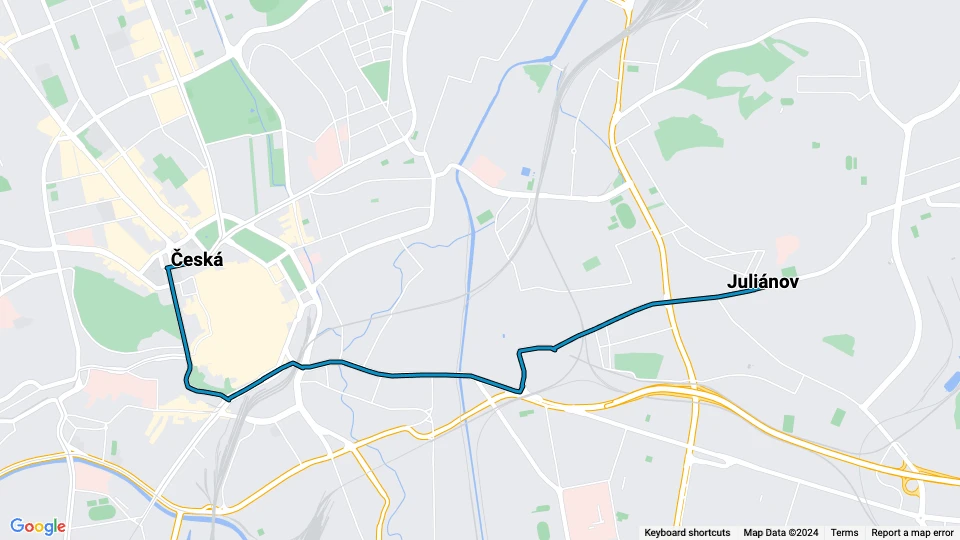 Brno tram line 12: Česká - Juliánov route map