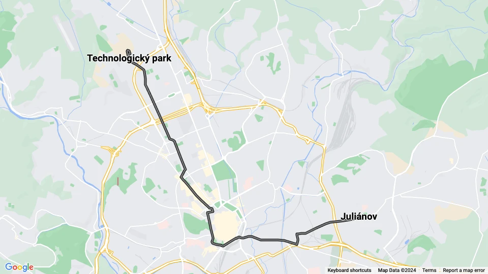 Brno tram line 13: Juliánov - Technologický park route map