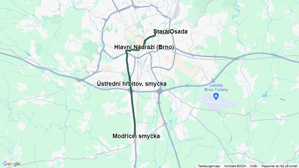 Brno tram line 2: Stará Osada - Modřice, smyčka route map