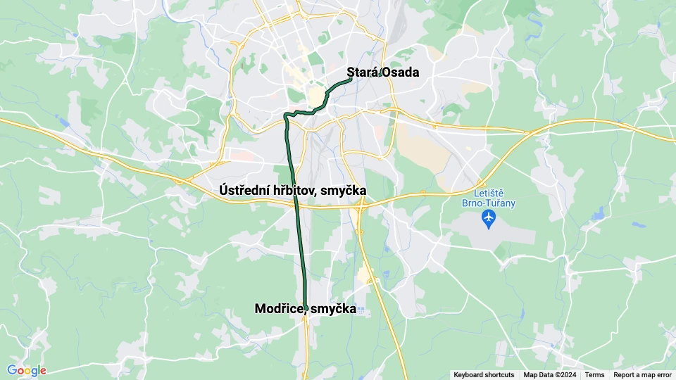 Brno tram line 2 route map