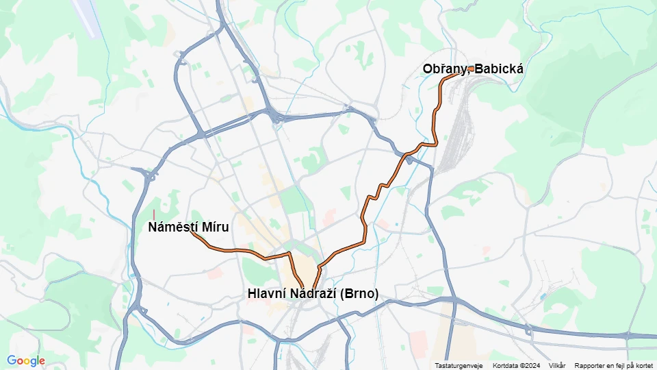 Brno tram line 4: Náměstí Míru - Obřany, Babická route map