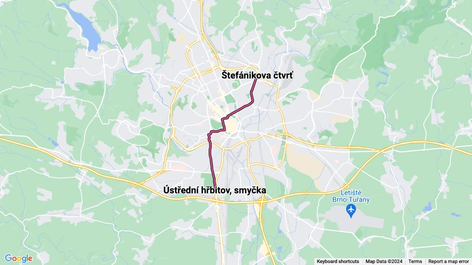 Brno tram line 5: Štefánikova čtvrť - Ústřední hřbitov, smyčka route map