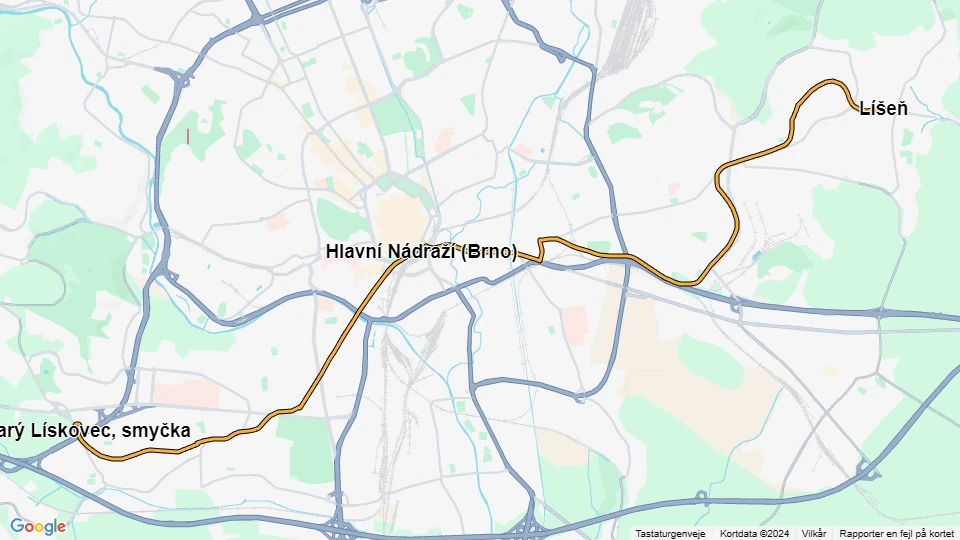 Brno tram line 8: Starý Lískovec, smyčka - Líšeň route map