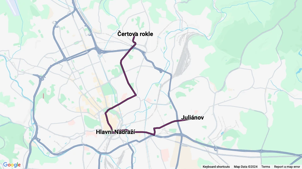 Brno tram line 9: Čertova rokle - Juliánov route map