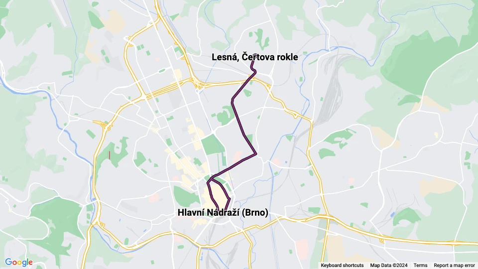 Brno tram line 9: Lesná, Čertova rokle - Hlavní Nádraží (Brno) route map