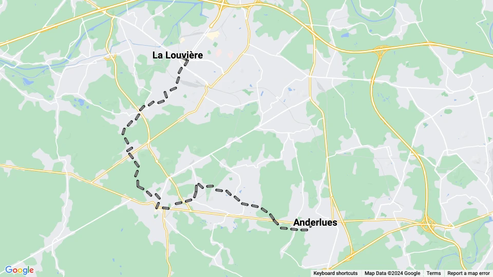 Brussels regional line 93: Anderlues - La Louvière route map