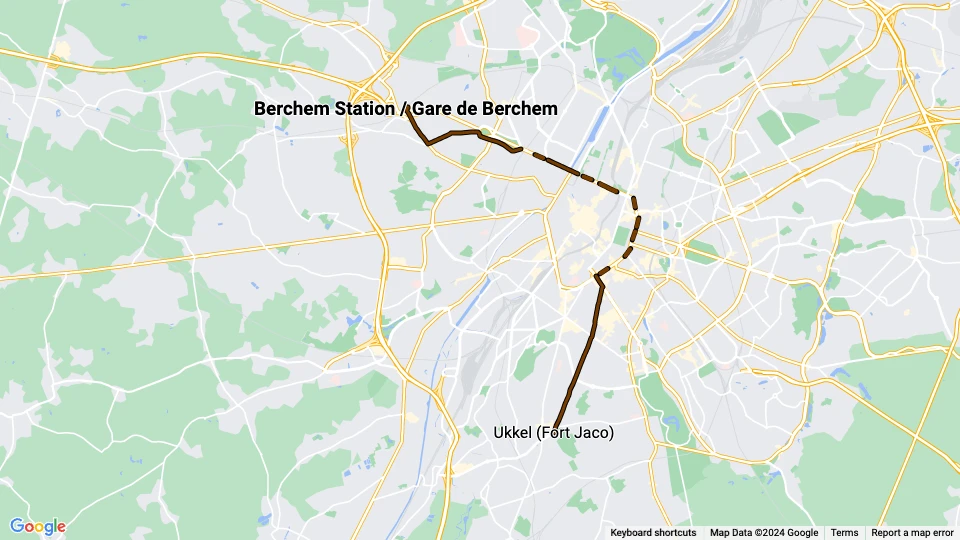 Brussels tram line 10: Berchem Station / Gare de Berchem - Ukkel (Fort Jaco) route map