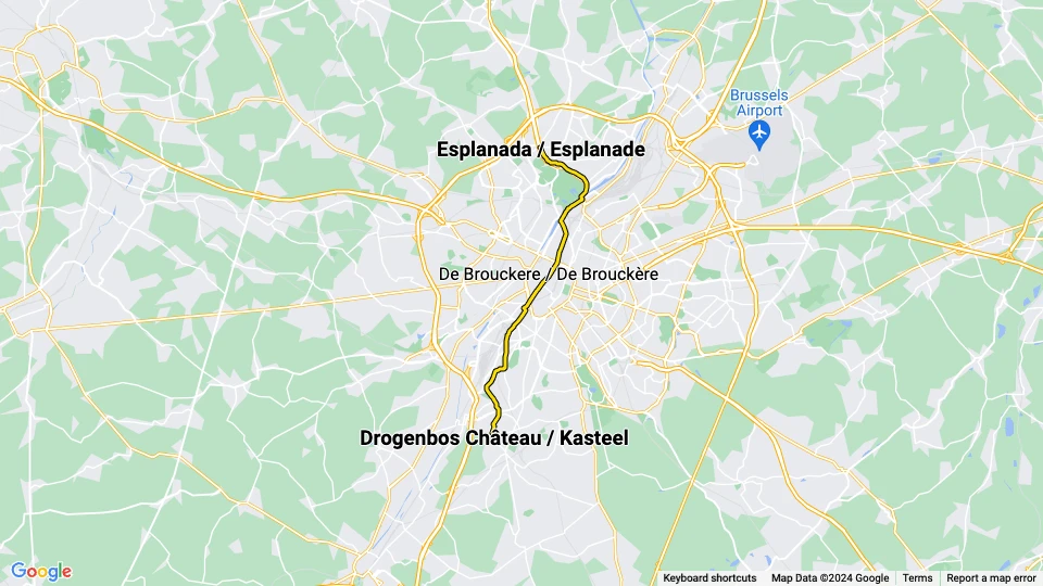 Brussels tram line 52: Esplanada / Esplanade - Drogenbos Château / Kasteel route map