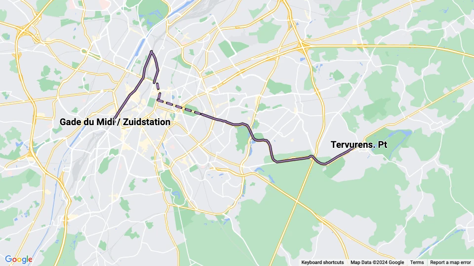 Brussels tram line 74: Gade du Midi / Zuidstation - Tervurens. Pt route map