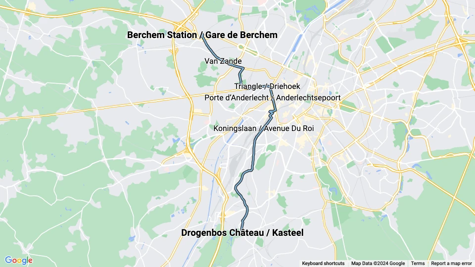 Brussels tram line 82: Berchem Station / Gare de Berchem - Drogenbos Château / Kasteel route map