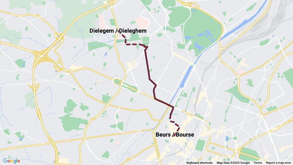 Brussels tram line 88: Dielegem / Dieleghem - Beurs / Bourse route map