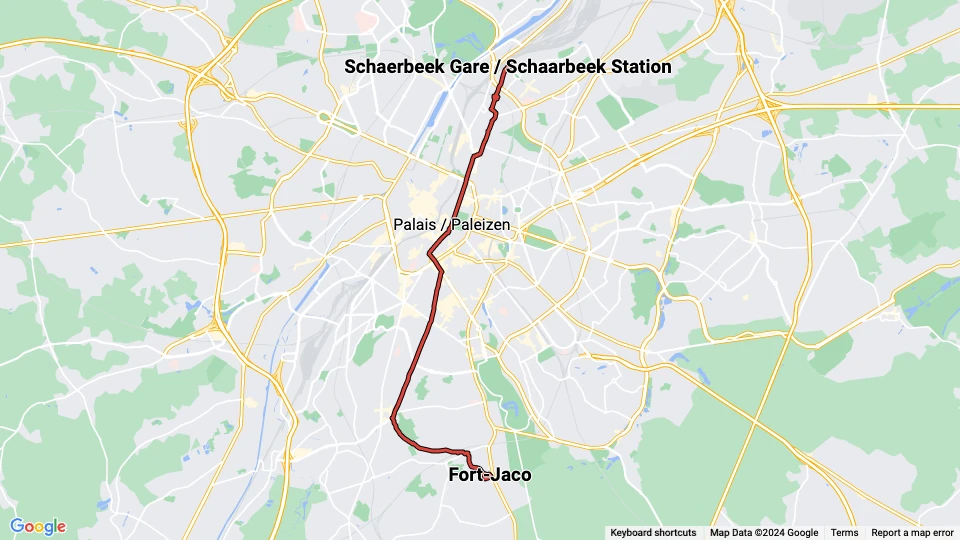 Brussels tram line 92: Fort-Jaco - Schaerbeek Gare / Schaarbeek Station route map