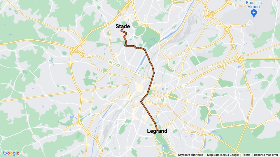 Brussels tram line 93: Stade - Legrand route map