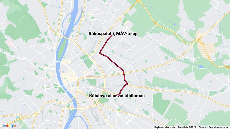 Budapest extra line 62A: Kőbánya alsó vasútállomás - Rákospalota, MÁV-telep route map