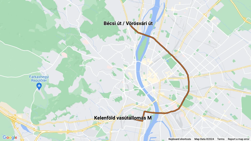 Budapest tram line 1: Bécsi út / Vörösvári út - Kelenföld vasútállomás M route map