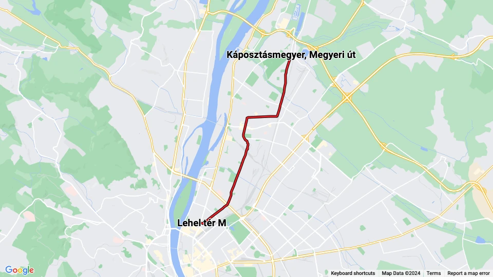 Budapest tram line 14: Lehel tér M - Káposztásmegyer, Megyeri út route map