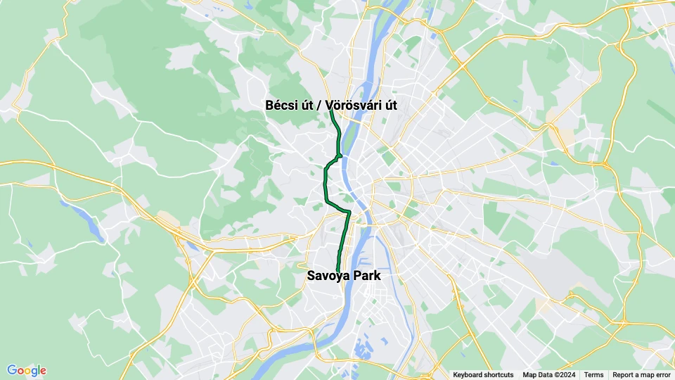 Budapest tram line 17: Bécsi út / Vörösvári út - Savoya Park route map