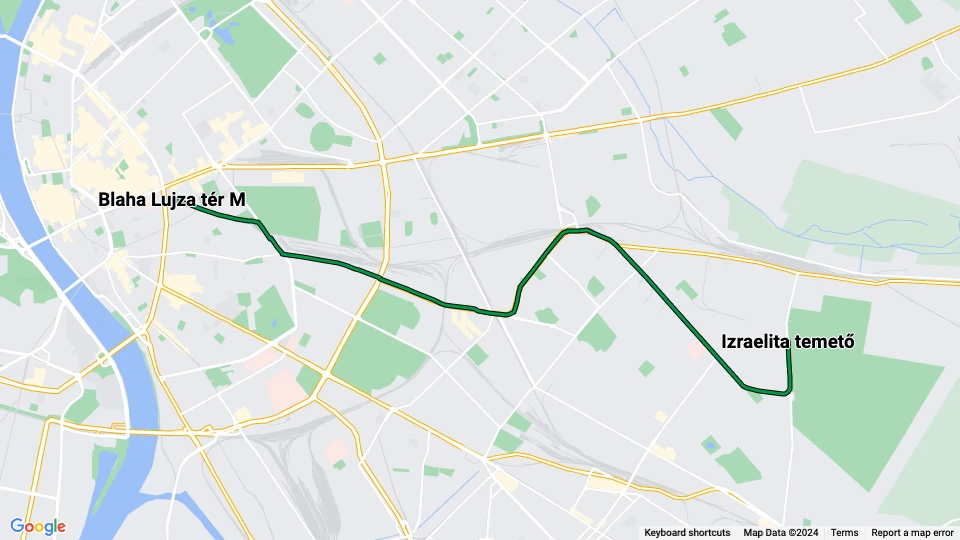 Budapest tram line 28: Blaha Lujza tér M - Izraelita temető route map