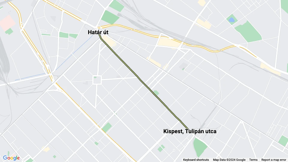 Budapest tram line 42: Határ út - Kispest, Tulipán utca route map