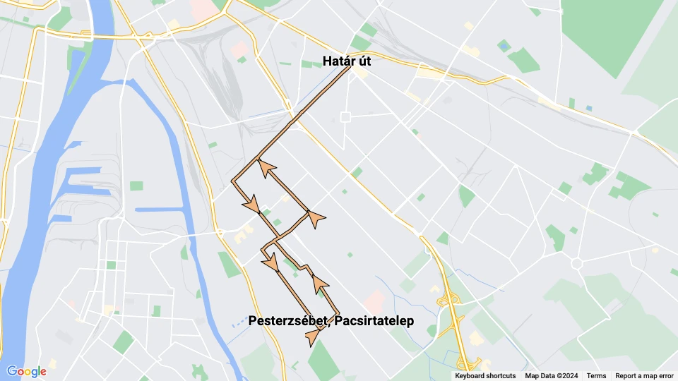 Budapest tram line 52: Határ út - Pesterzsébet, Pacsirtatelep route map